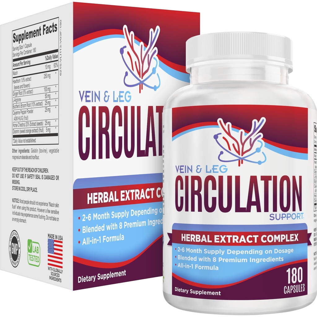 2-Mois: Supplément de circulation de la veine et des jambes (All-in-1) Soutien de santé avec 8 ingrédients actifs