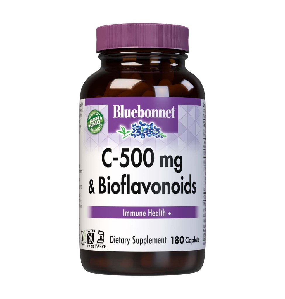 Bluebonnet Nutrition C-500 mg Plus Bioflavonoïden Capletten, Vitamine C 500 mg, Citrus Bioflavonoïden 250 mg, voor Immune Health, Sojavrij, Glutenvrij, Non-GMO, Kosher, Zuivelvrij, Veganistisch, 180 Capletten
