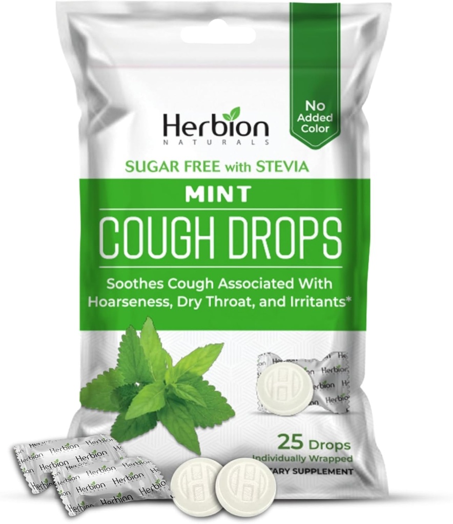 HERBION Naturals Cough Drops, Sugar-Free met Stevia, Dieetsupplement, Soothes Hoest, voor volwassenen & kinderen ouder dan 6 jaar, 125 druppels (pakket van 5), munt