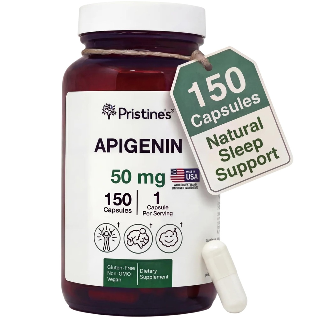 PRISTINE'S Apigenine Supplement voor slaapcapsules - 50mg 150 Day Supply - Prostate & Slaap Support Gevonden in kamille poeder voor ontspanning, gezonde veroudering, hersenen & hartgezondheid, & immuniteit
