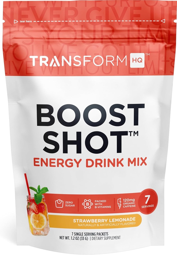 TransformHQ Boost Shot Powder Drink Stick Packets, Strawberry Lemonade, 7 Pack, Energy Supplements for Women & Men, with Cafeine, Vitamine B12, B9, B6 & B3