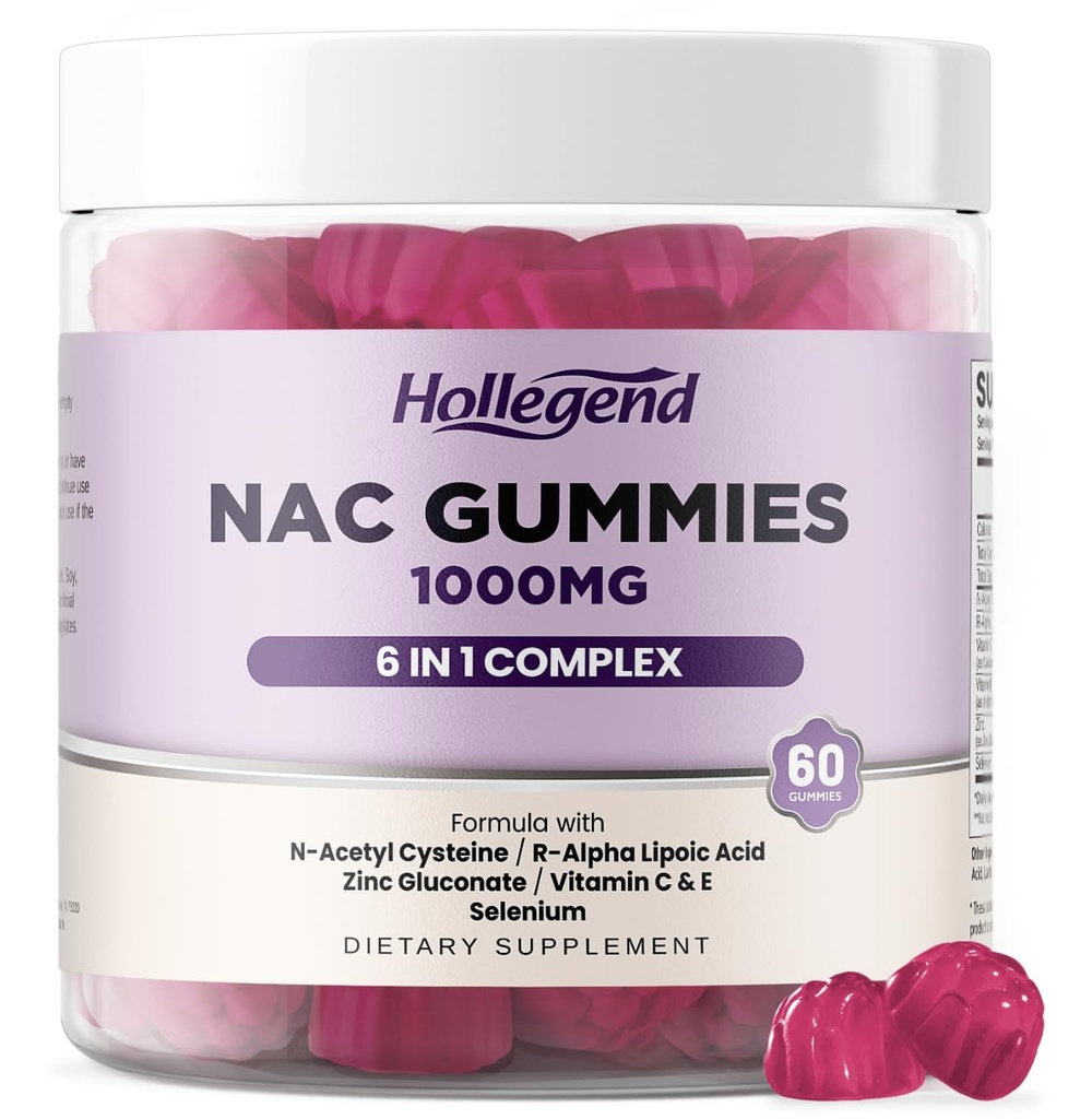 6 in 1 NAC Gummies, Kauwbare N Acetyl Cysteine 1000mg Supplement voor kinderen en volwassenen, met ALA, Zink, Vitamine C & E, Selenium, Ondersteuning Antioxidant & Immune System, Blueberry Flavor, Suikervrij, 60 Ct