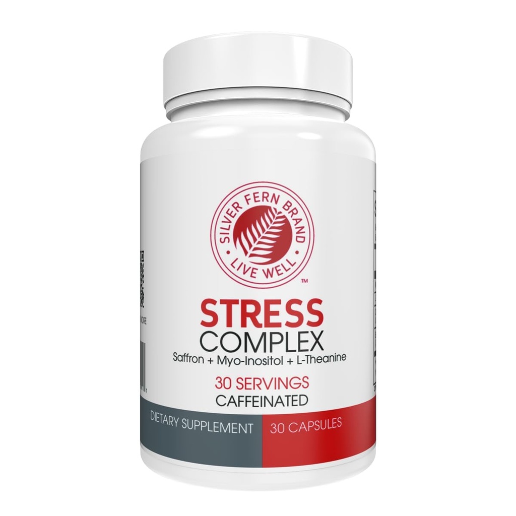 Silver Fern Stress Complex Supplement - met Cafeïne - Slaap, Zorg, Mood & More - met Saffron Supplementen, L-Theanine Supplement, en Myo-inositol - Natuurlijke Stress Relief Supplementen - 30 Servingen