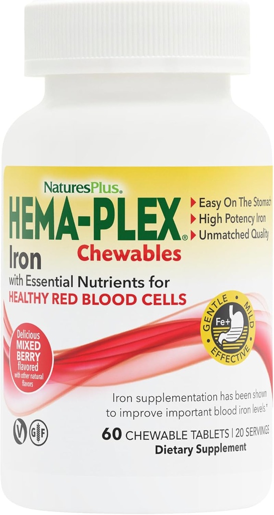 Natures Plus Hema-Plex Fer - 60 baies mixtes à croquer - 85 mg de fer élémentaire - Santé totale du sang - avec vitamine C et bioflavonoïdes - Non-OGM, végétalien et sans gluten - 20 portions