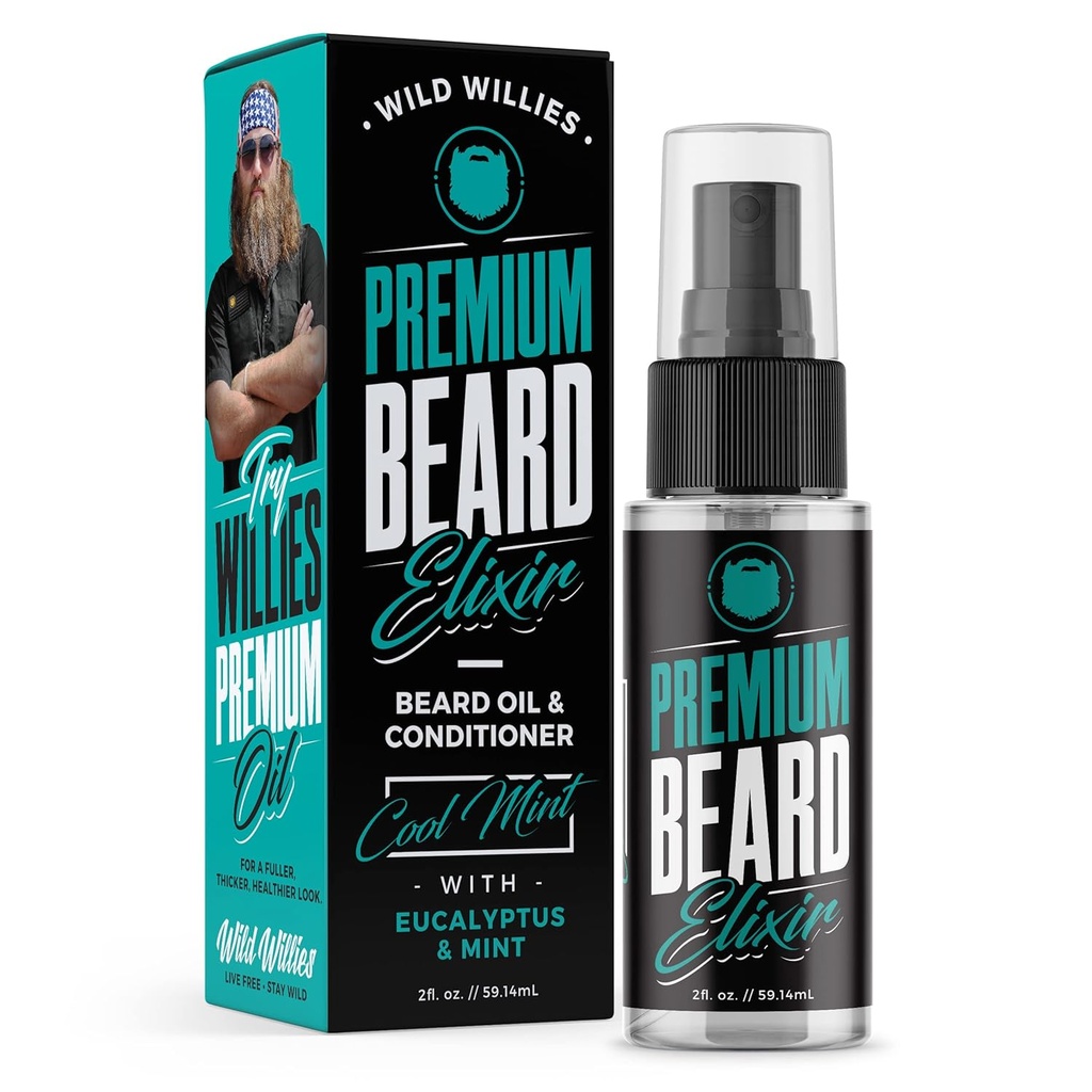 Wilde Willies Premium Baardolie & Conditioner Natuurlijke, biologische ingrediënten bevorderen snelle baardgroei, verwijdert jeuk & Dandruff - Diepe Softener behandeling herstelt vocht - 2 Oz, Cool Mint geur
