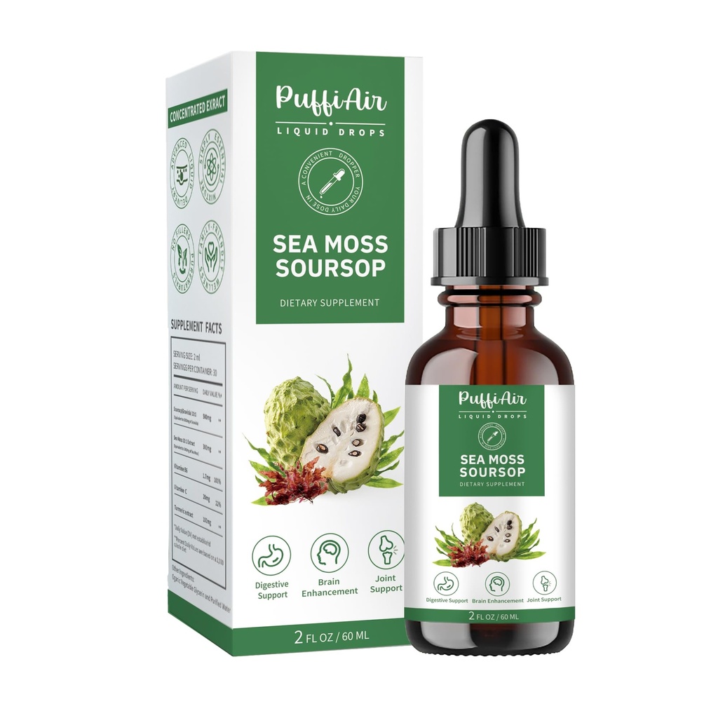 PUFFIAIR Sousop(Gaviola) & Sea Moss Liquid Drop for Cell Support & Regeneration, Immune Boost, Relax, Lever en Slaap, Kruidenextract, Suiker/Gluten Free, Natural Flavor, 2 Fl Oz/60ml