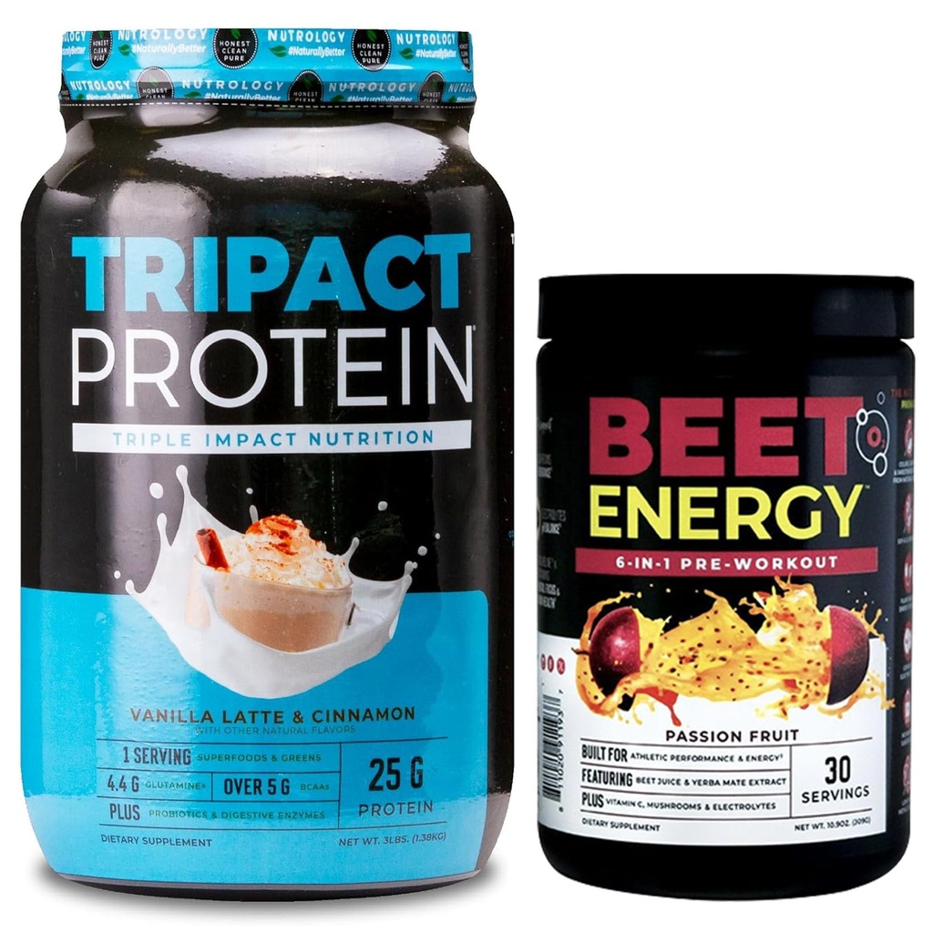 Nutrologie TRIPACT Proteïnepoeder, 7-in-1 Maaltijd Vervangingsshake, Vanille Latte Cinnamon Smaak (40 porties) Beet Natural O2, Pre Workout Powder, Passie Fruit Smaak (30 porties)