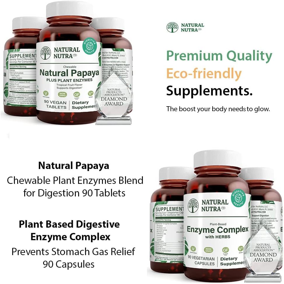 Natuurlijke Nutra Papaya Kauwbare Plant Enzymen Mengen voor Digestie 90 Kauwbare Vegan tabletten en Plant gebaseerde Digestieve Enzyme Complex met Kruiden 90 Vegan Capsules voor Digestie, Voorkomt Maag.