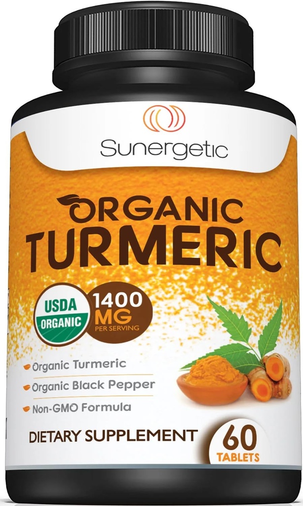 Supplément curcuma biologique certifié USDA – Comprend le curcuma biologique et le poivre noir biologique – 1 400mg de curcuma par service - 60 Nombre (paquet de 1)