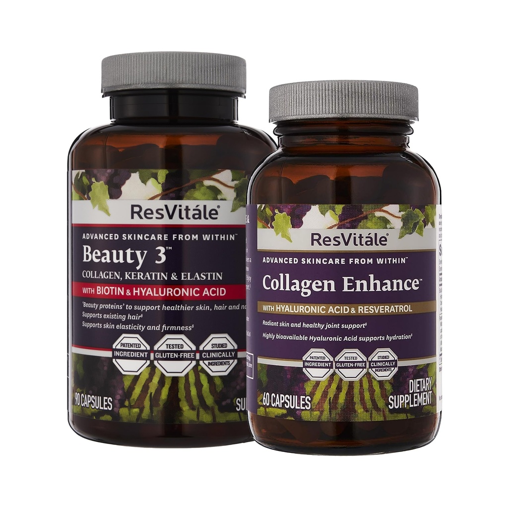 ResVitale Beauty 3 - Huidverzorgingssupplement met collageen, keratine en elastine - 90 capsules & collageen Enhance - Beauty Supplement met hyaluronzuur & resveratrol - 60 capsules