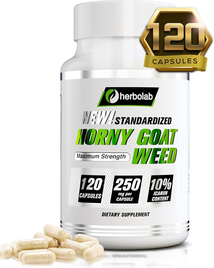 Herbolab Extrait de mauvaises herbes Horny Goat, normalisé à 10% Icariin, 250mg x 120 Capsules (AKA Epimedium Extract, Barrenwort, Bishops Hat, Fairy Wings, Yin Yang Huo)