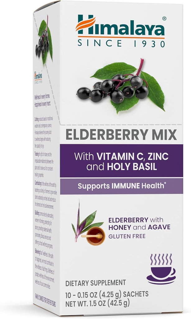 Himalaya Vlierbes Mix, Drinkmix Supplement, Immuun Ondersteuning met Vlierbes, Zink, Vitamine C en Heilige Basil, Cafeïnevrij, 10-0.15 oz (4.3 g) Pakketten, Makkelijk te mengen, Glutenvrij