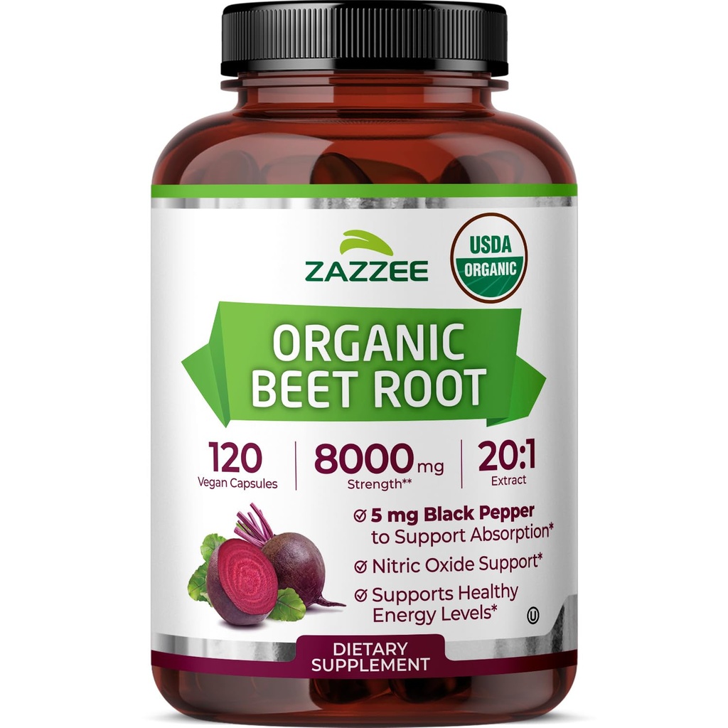 Zazzee USDA Organic Beet Root 8000 mg Sterkte 20:1 Extract, 120 Vegan Quick Release Capsules, Black Pepper Extract voor verbeterde absorptie, Ondersteunt Nitric Oxide Production, Non-GMO, Made in The USA