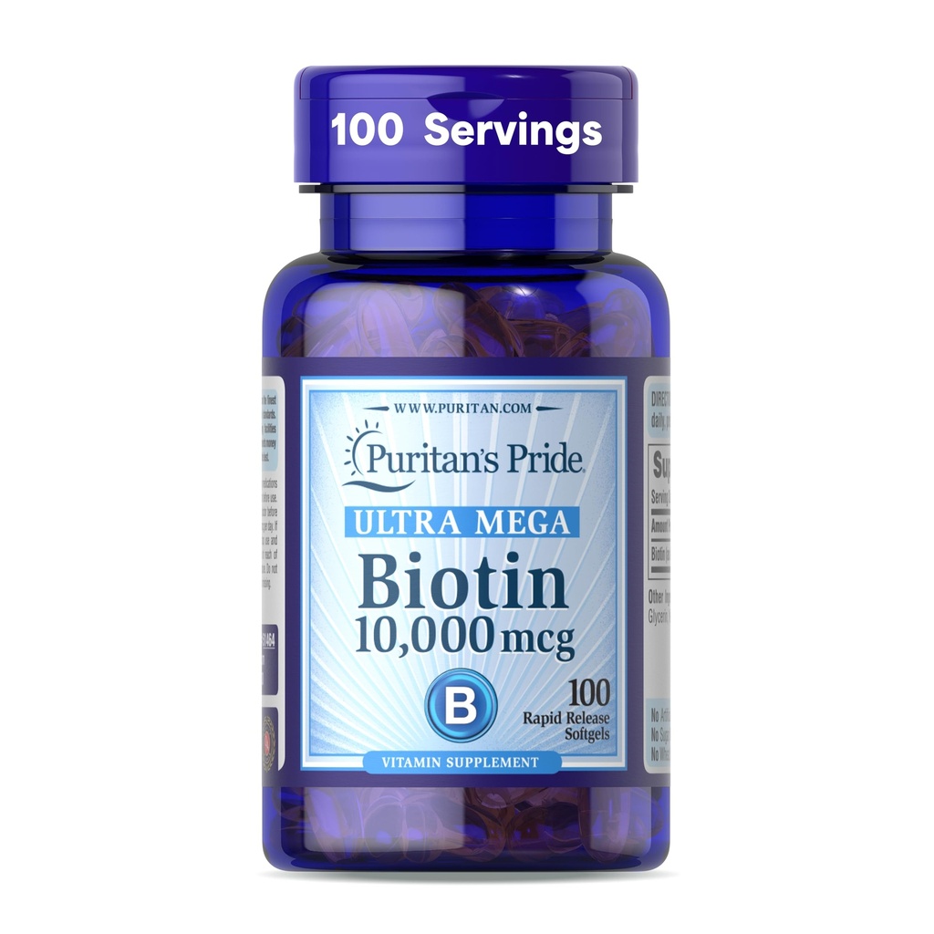 Puritan's Pride Premium Ultra Mega Biotin 10 000mcg, complément alimentaire pour cheveux sains, peau, ongles et soutien au métabolisme énergétique, 100 jours d'approvisionnement, 100 softgels à libération rapide