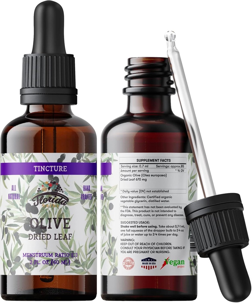 Organic Olive Leaf Tinctuur, Olive Extract Liquid (Olea europaea) Gedroogd blad Kruidensupplement, Non-GMO in Cold-Pressed Biologische Plantaardige Glycerine, 700 mg, 2 oz (60 ml)