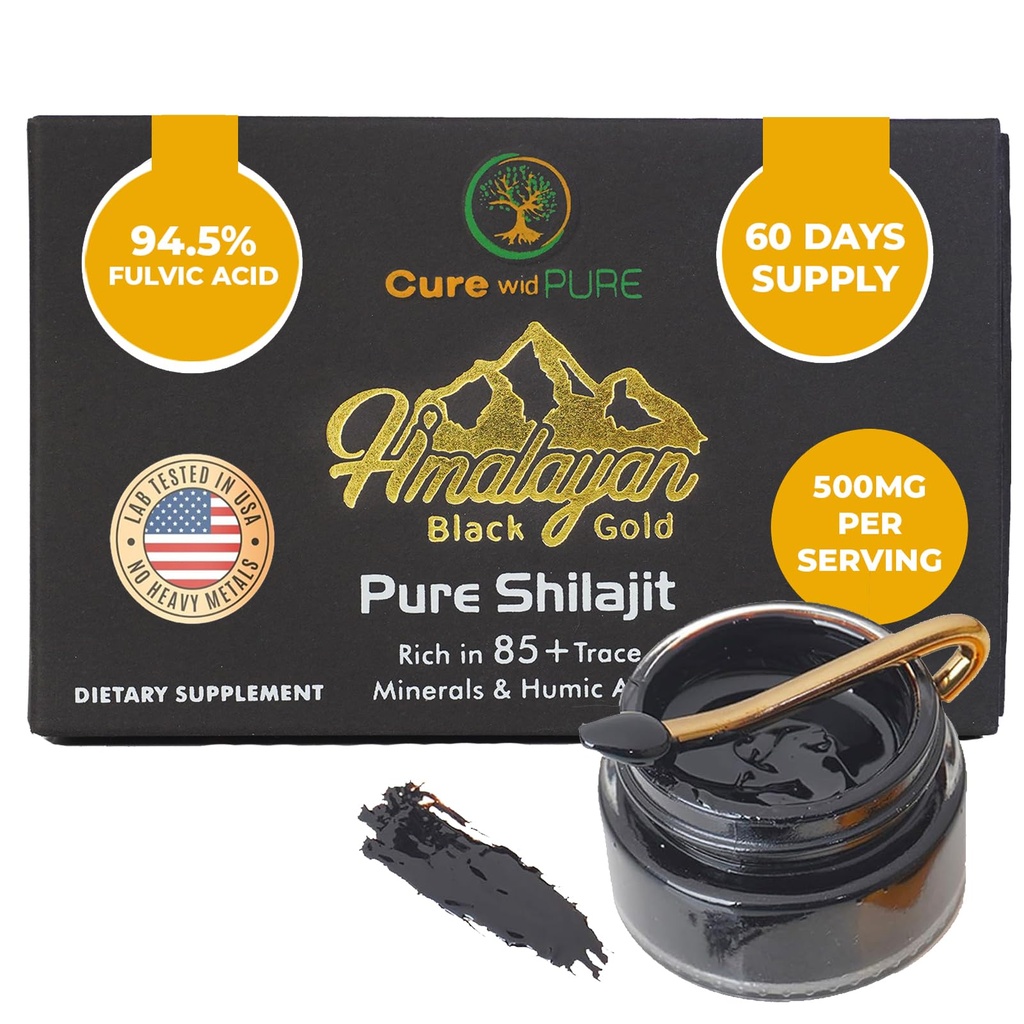 Cure wid Pure Himalayan Shilajit pour les hommes et les femmes – Résine acide fulvic 94,5 %, 500 mg 60 portions – Adaptogène biologique testé en laboratoire pour l'énergie, la vitalité et l'équilibre hormonal