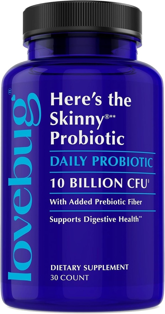 LOVEBUG Skinny Prebiotica en Probiotica voor vrouwen Digestieve Gezondheid & Immune Ondersteuning - 10 miljard CFU Probiotische Strains Gut Health, Gas, Constipatie & Bloating, 30ct