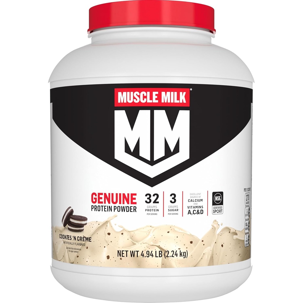 Muscle Milk Originele Proteïne Poeder, Cookies 'n Crème, 4.94 Pond, 32 Servers, 32g Proteïne, 2g Suiker, Calcium, Vitaminen A, C & D, NSF Gecertificeerd voor Sport, Energizing Snack, Verpakking mei Vary