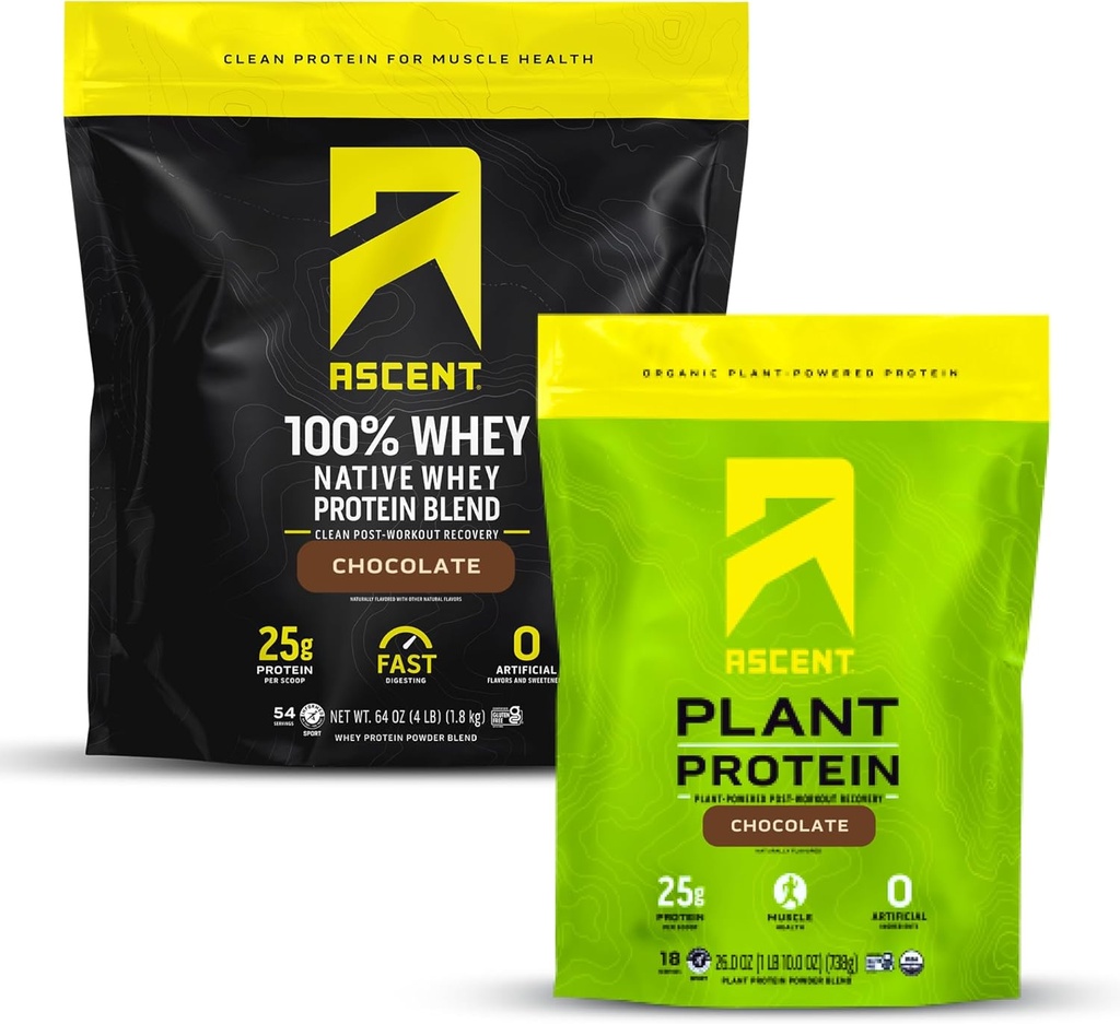 Ascent Whey 4 lb + Plant Proteïne Poeder 18 Servers - Chocolade