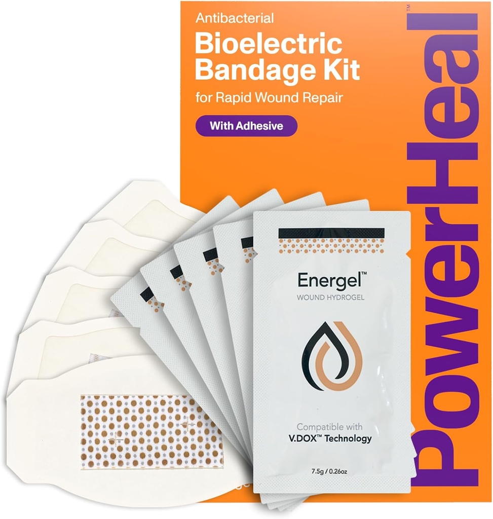 PowerHeal Bio-elektrische Bandage Kit voor wondverzorging en snelle heling 3-lagen w/Bio-elektrische pad, Absorberende pad, Kleefstof + Wond Hydrogel 