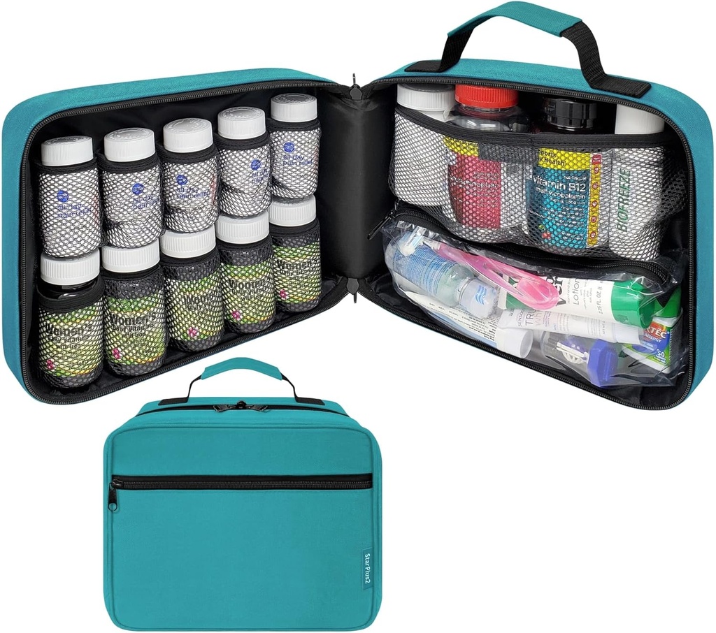 Large Padded Pill Bottle Organizer, Medicine Bag, Case, Carrier for Medications, Vitamins, and Medical Supplies - Travel Medicine Organizer and Home Storage Med Bag - Turquoise (Without Lock