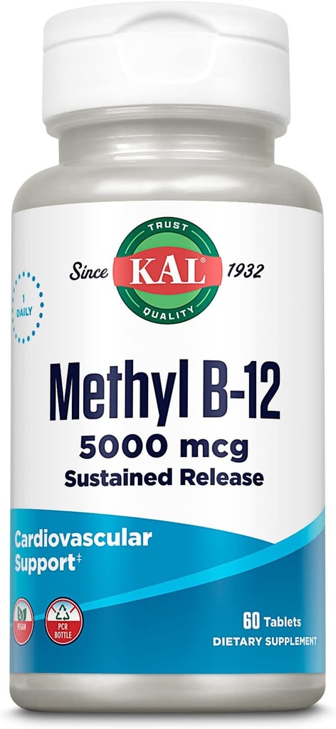 KAL Vitamine B12 méthylcobalamine 5000mcg, Énergie saine, Métabolisme, soutien des cellules sanguines nerveuses et rouges,* Dissoudre rapidement, Absorption optimale, Arôme de framboise naturelle, 90 portions, 90 microonglets