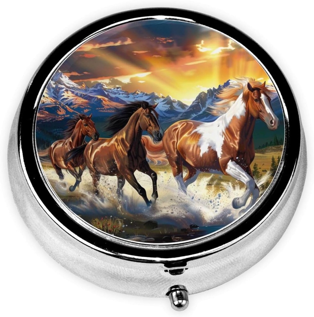 Chevaux de course organisateur de pilules rondes imprimées avec 3 compartiments, mini-boîte de pilule portable cas pour la médecine, vitamine, huile de poisson, suppléments
