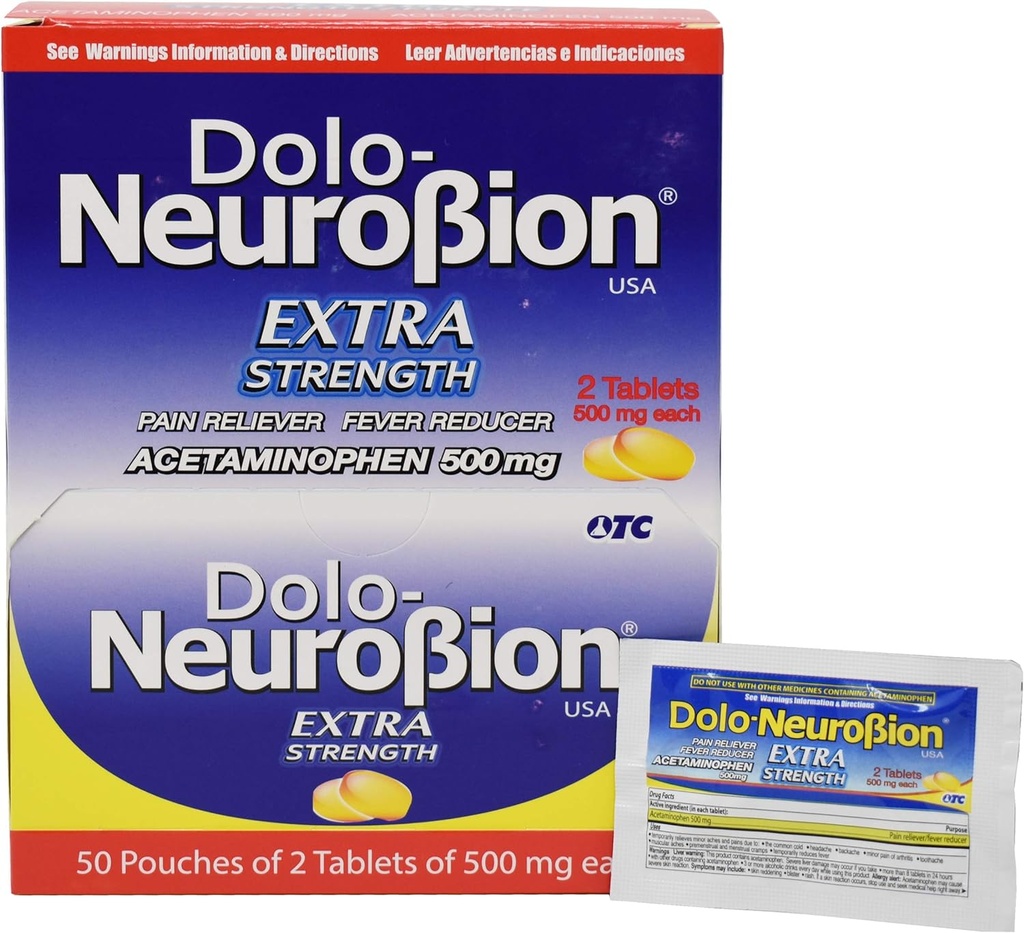 Neurobion Dolo Pain Reliever, koortsreducer, extra sterkte, Fuerte, Alivia el Dolor, Verminder la Fiebre Dispenser 50 x 2 tabletten