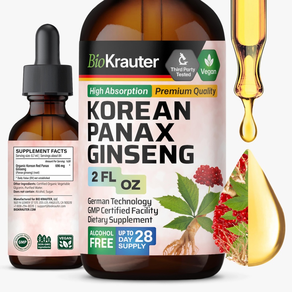 BIO KRAUTER Panax Ginseng Extract Liquid - Korean Red Ginseng Supplement Alcoholvrij - Immune Support - Vegan, Sugar Free - 2 Fl.Oz.
