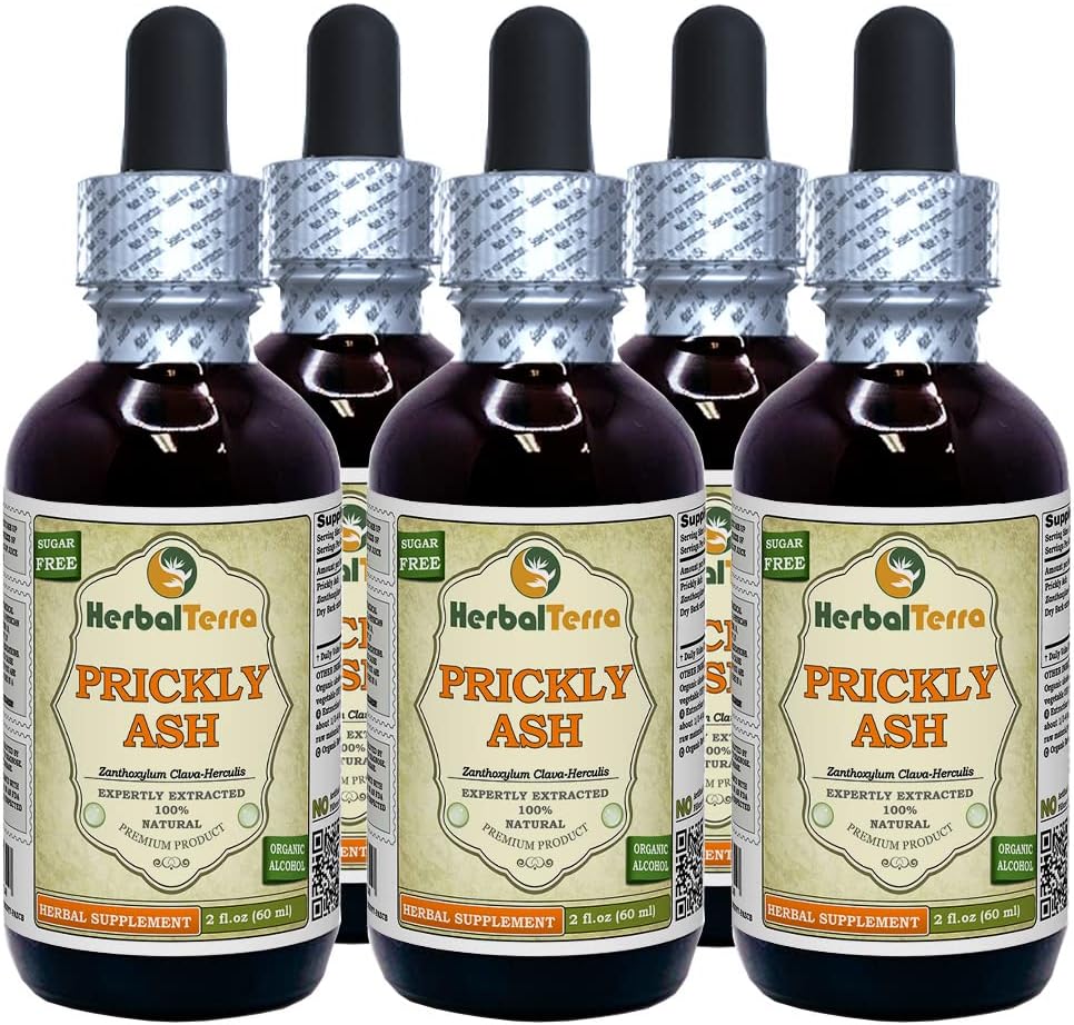 Prickly Ash (Zanthoxylum Clava-herculis) Tinctuur, gedroogd Bark Liquid Extract (Grote Naam: HerbalTerra, Trots Made in USA) 5x2 fl.oz (5x60 ml)