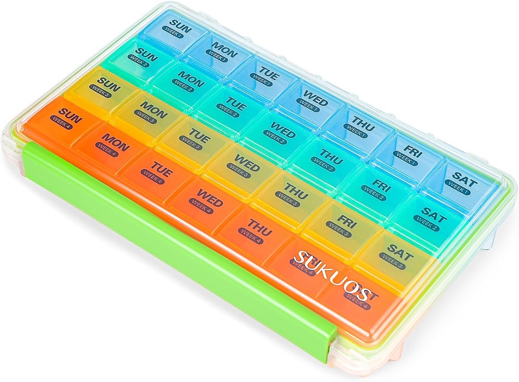 Sukuos maandelijkse pil Organizer 4 week, grote pil Box Gemakkelijk te openen, vocht / stof-Proof koffers voor maand vitamine / vis olie / aanvullingen met duidelijke deksel