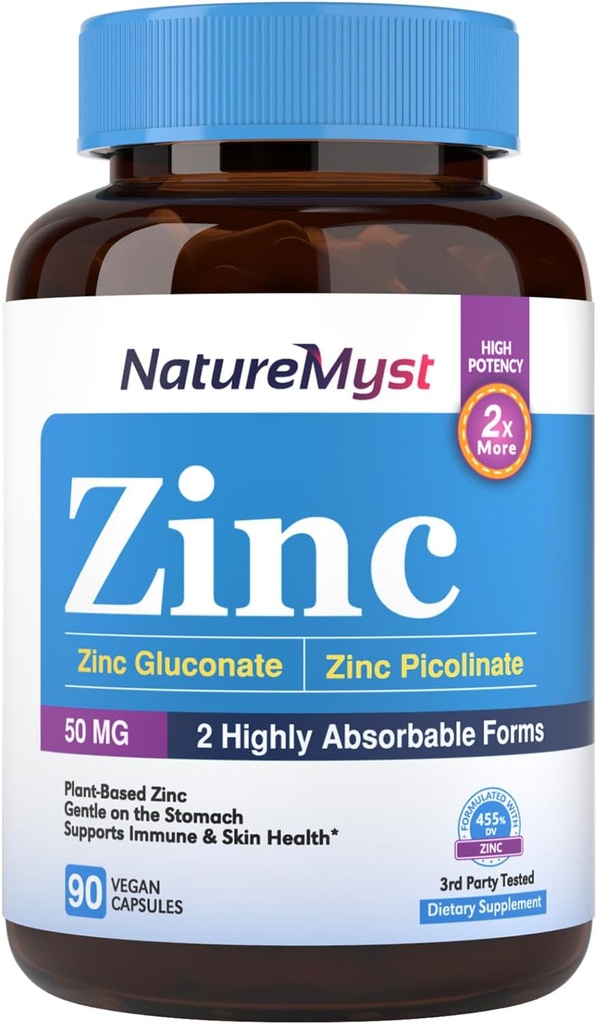 Zink, zeer absorbeerbaar Zink Gluconaat & Zink Picolinaat, 50 mg elementair zink, zacht op de maag, Immune, Cell & Skin Health, 90 Vegan Caps