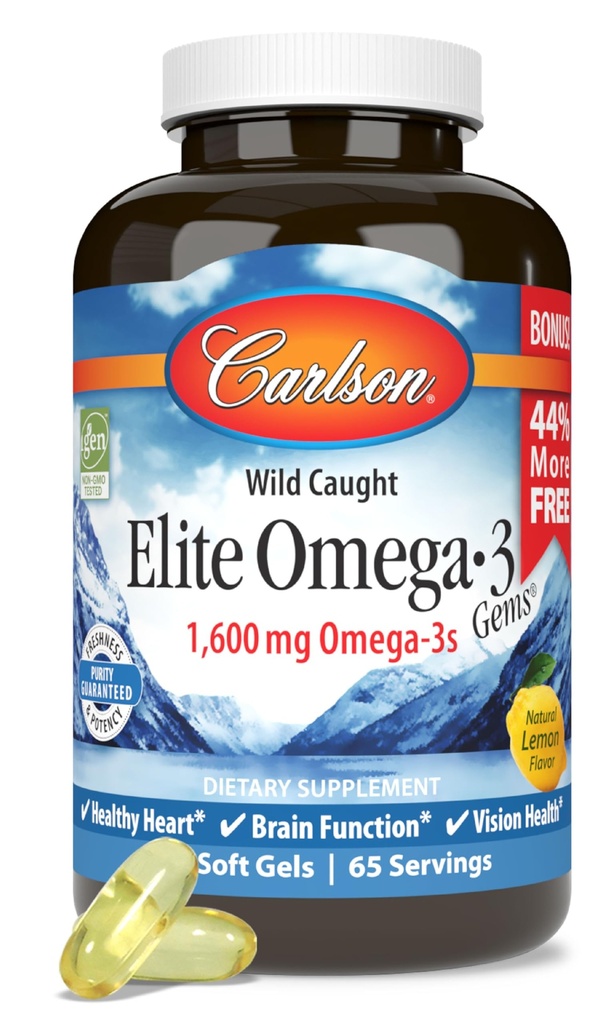 Carlson - Elite Omega-3 Gems, 1600 mg Omega-3 vetzuren Inclusief EPA en DHA, Noorse, Wild-Caught Fish Oil Supplement, duurzaam gegenereerd Omega 3 Fish Oil Capsules, Citroen, 130 Softgels