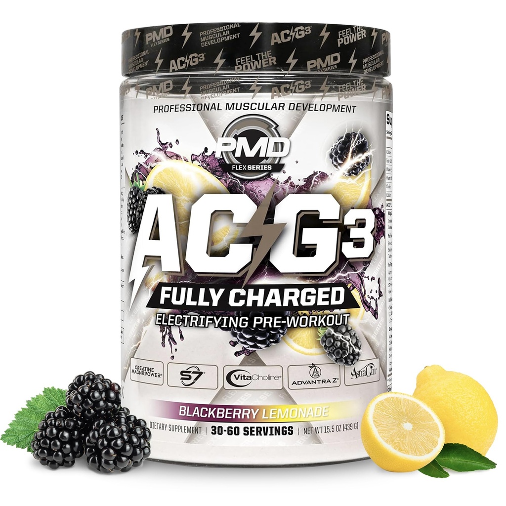 PMD Sports ACG3 Entièrement chargé - Poudre de préentraînement électrifiante - Préentraînement haute énergie et pompe pour les hommes et les femmes afin de maximiser la concentration, l'endurance et la performance - Cimonade BlackBerry (30-60 portions)
