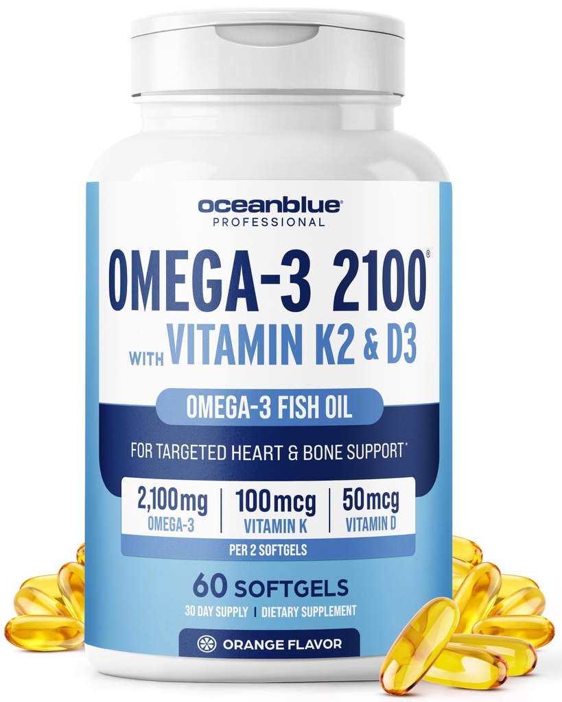 Oceanblue Professional Omega-3 2100 met vitamine K2 en vitamine D3-60 Telling - Triple Strength Burpless Fish Oil Omega-3 Supplement met EPA, DHA & DPA - Wild Caught - Orange Flavor, 30 porties