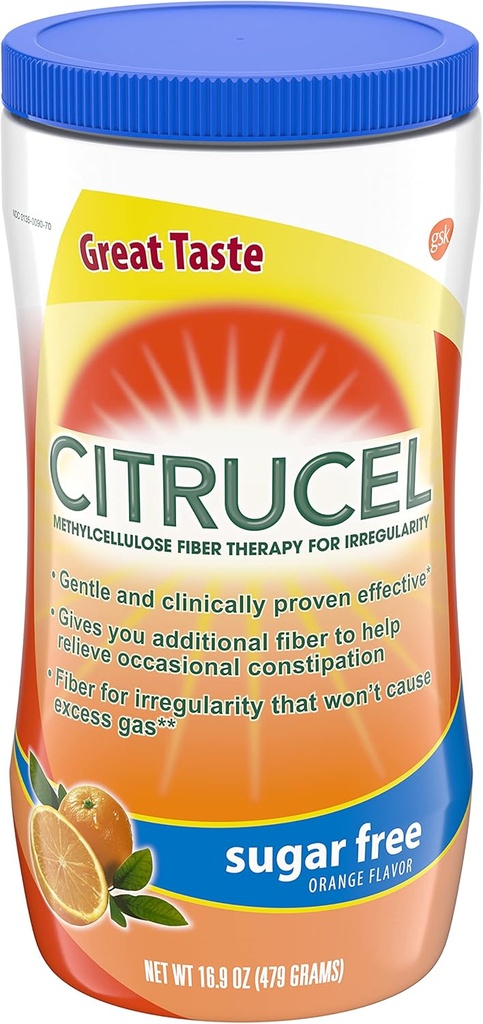 Poudre de fibre sans sucre Citrucel pour le soulagement occasionnel de la constipation, poudre de fibre de méthylcellulose, saveur orange - 16,9 onces