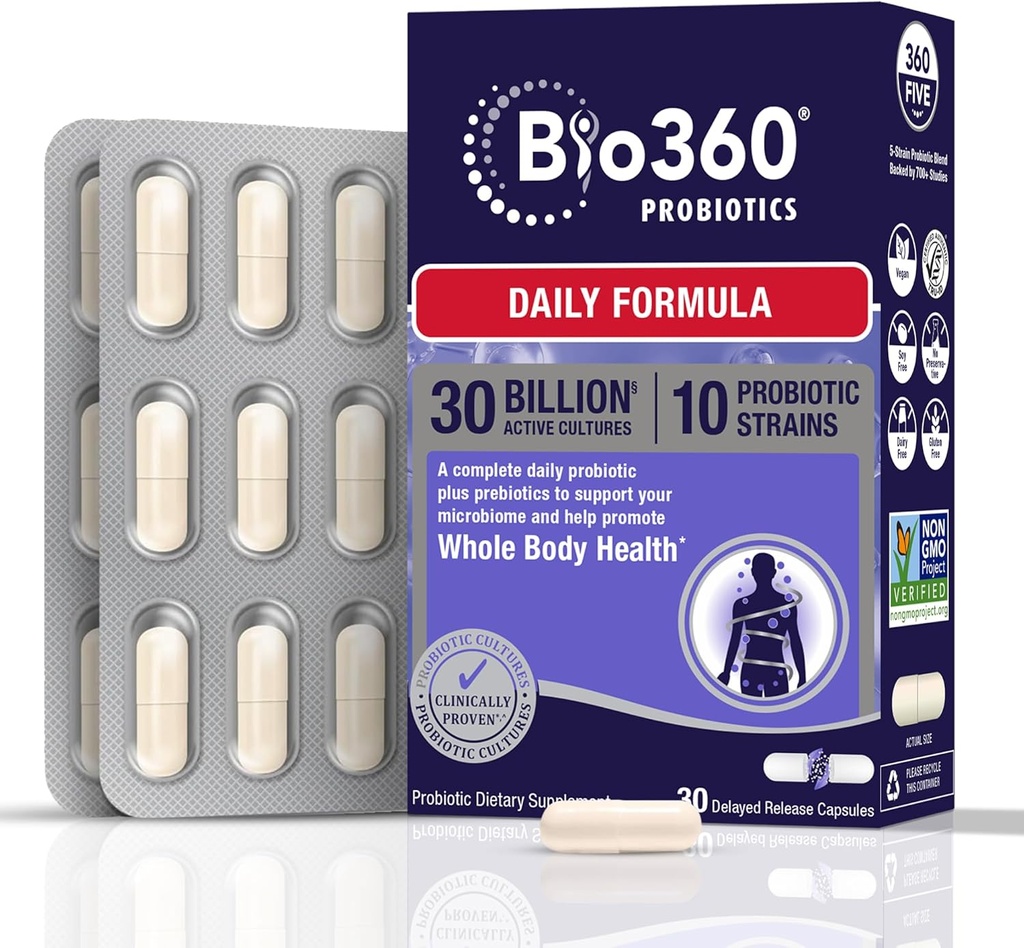 Bio360 Adult Daily Probiotic Supplement for Women & Men, 30 Miljard CFU, 10 Strains, Organic Prebiotic Fibers, Digestief & Immune Health, Occasional Constipatie, Diarree, Gas & Bloating, 30CT