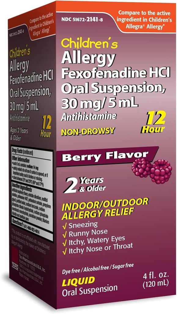 TARO Kinderen 12HR Allergy Relief Non-drowsy Antihistamine Liquid, Berry Flavor, Alcohol-Free, Dye-Free & Sugar Free, Fexofenadine HCl (4 oz)