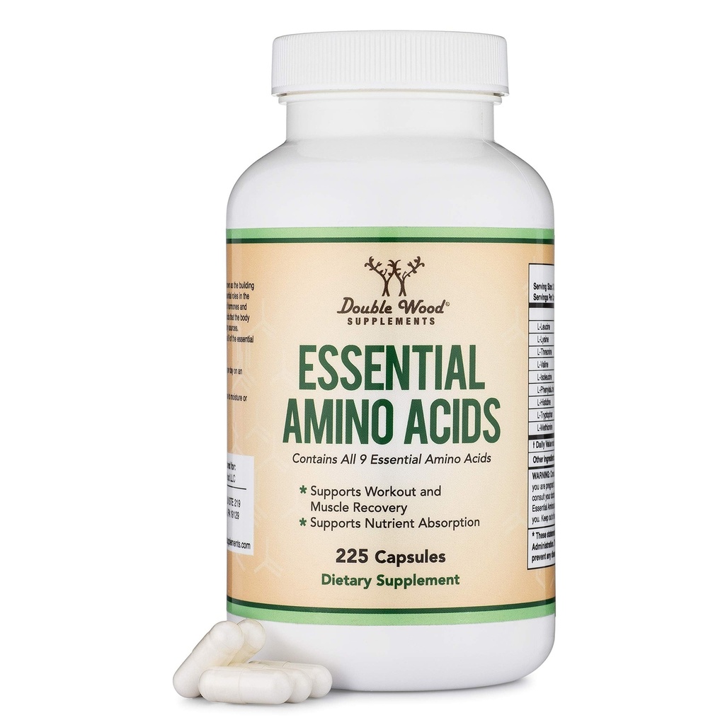 Essentiële aminozuren - 1 Gram per portie poedermengsel van alle 9 essentiële Aminos (EAA) en alle vertakte Aminos (BCAA's) (Leucine, isoleucine, Valine) 225 Capsules, Glutenvrij door dubbel hout
