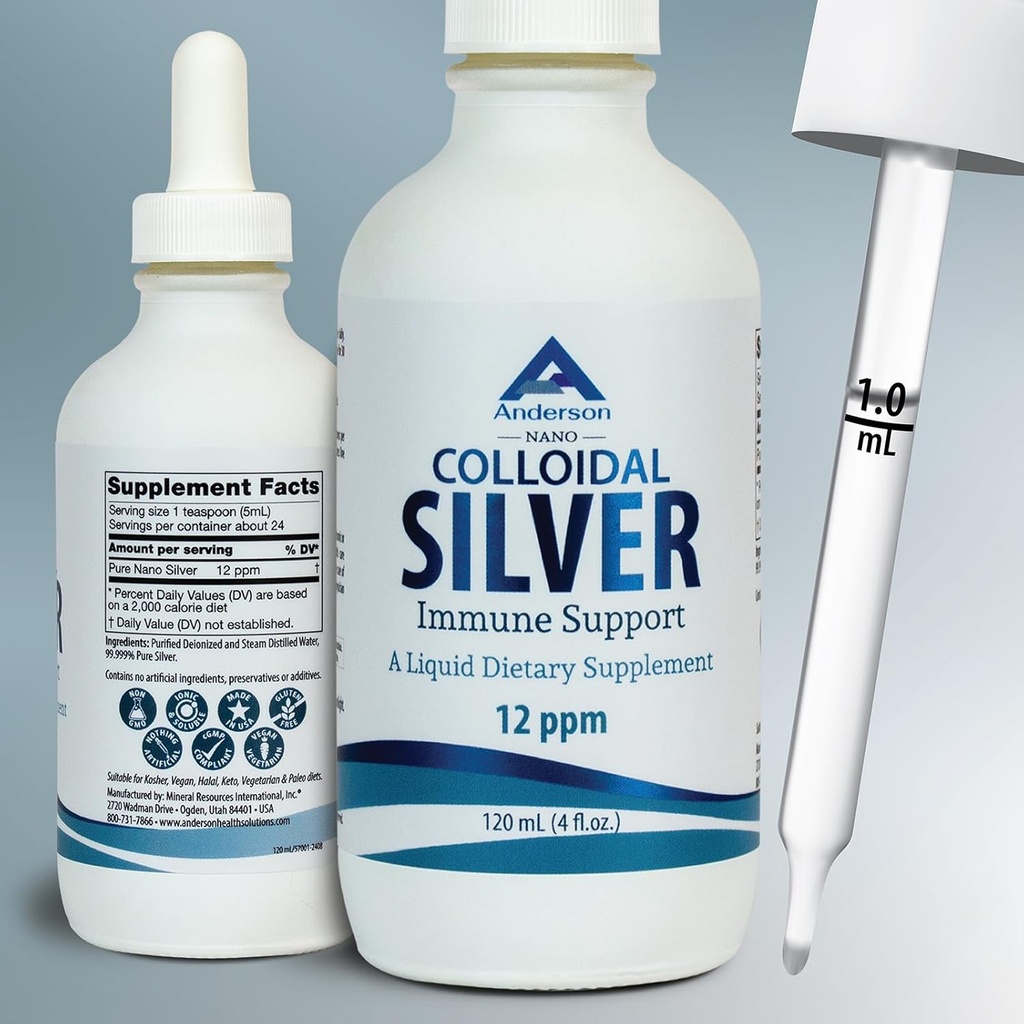 Nano Colloïdal Argent Liquide pour le support immunitaire, 12 PPM Argent déionisé, bouteille en verre de 4 oz avec goutteur de mesure, 24 portions