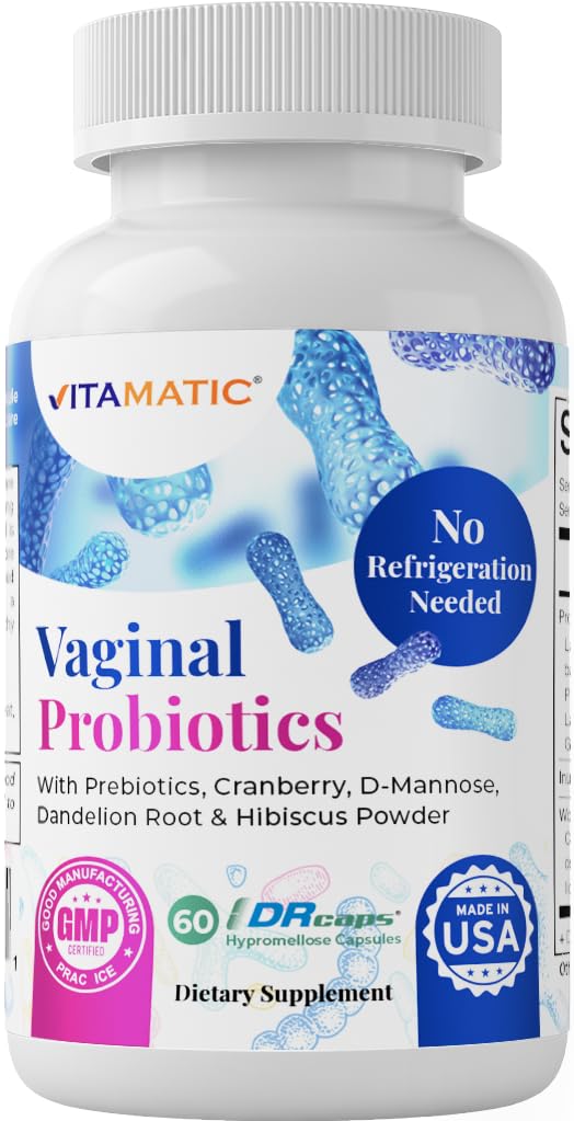 Probiotiques vaginaux Vitamatic 20 milliards pour les femmes pH Balance & Odor Control avec prébiotiques et probiotiques 60 capsules DR - Fabriqué avec canneberge, D-mannose, Hibisucs & Dandelion