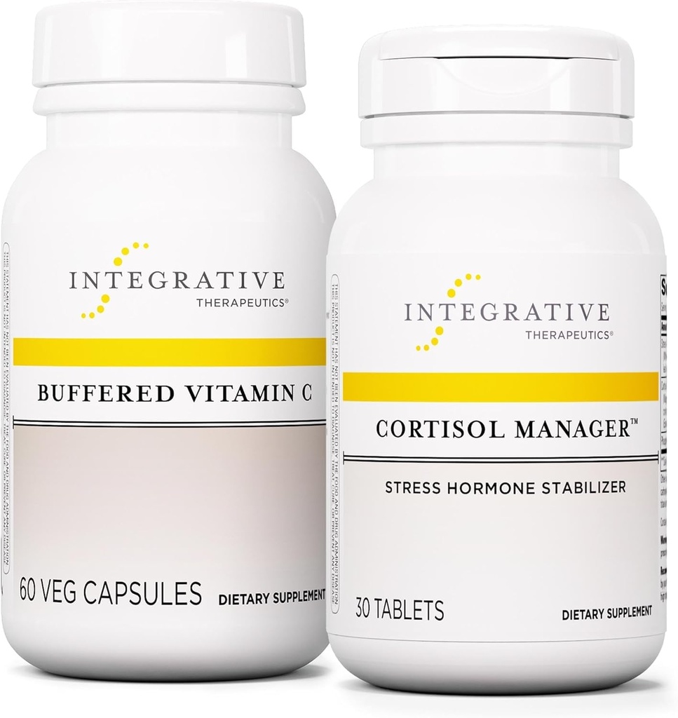 Integrative Therapeutics Bundel met Cortisol Manager, 30 tabletten - Gebufferde vitamine C Capsules 1000 mg, 60 Vegan Capsules - Stress Supplement met Ashwagandha* - Immuunsupplement met antioxidanten
