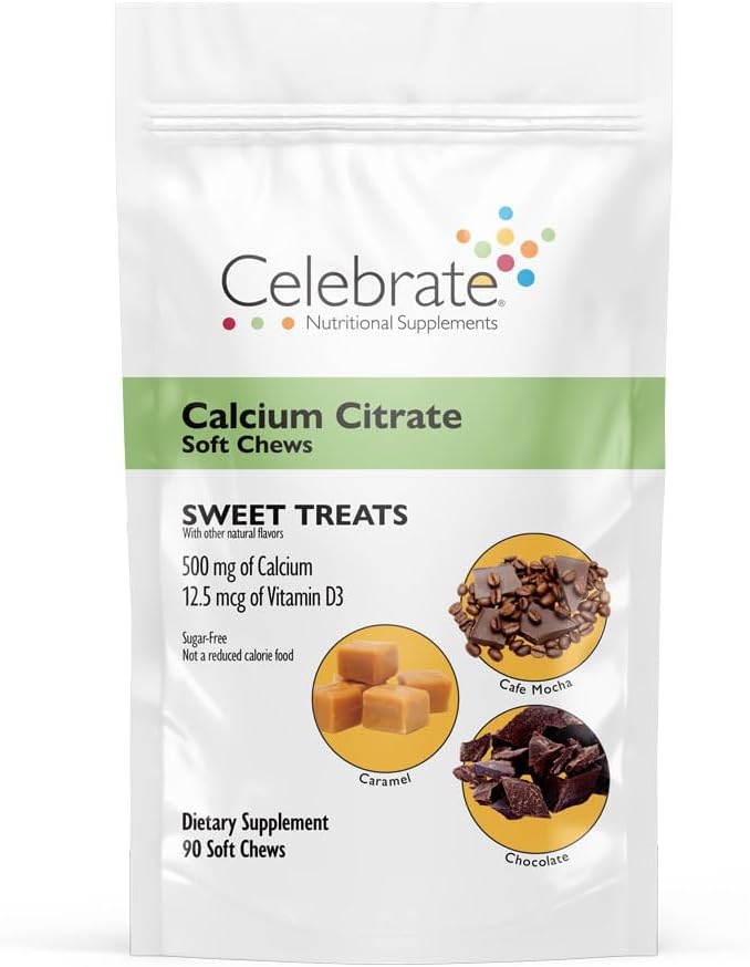 Vier vitamines Bariatrische Calcium Citroen Zachte Kauwen met Vitamine D3, 500mg, Suikervrije & Glutenvrije Calcium Citroen voor Bariatrische Patiënten, Sweet Treats, 90 Tellen