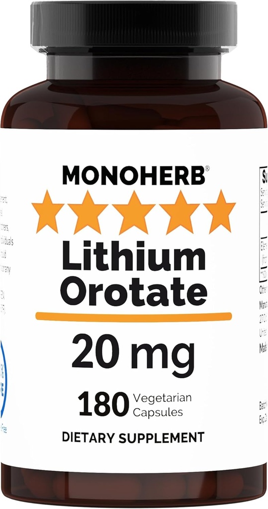 MONOHERB Lithium Orotaat 20 mg Elemental Lithium per capsule - 180 Vegetarische capsules