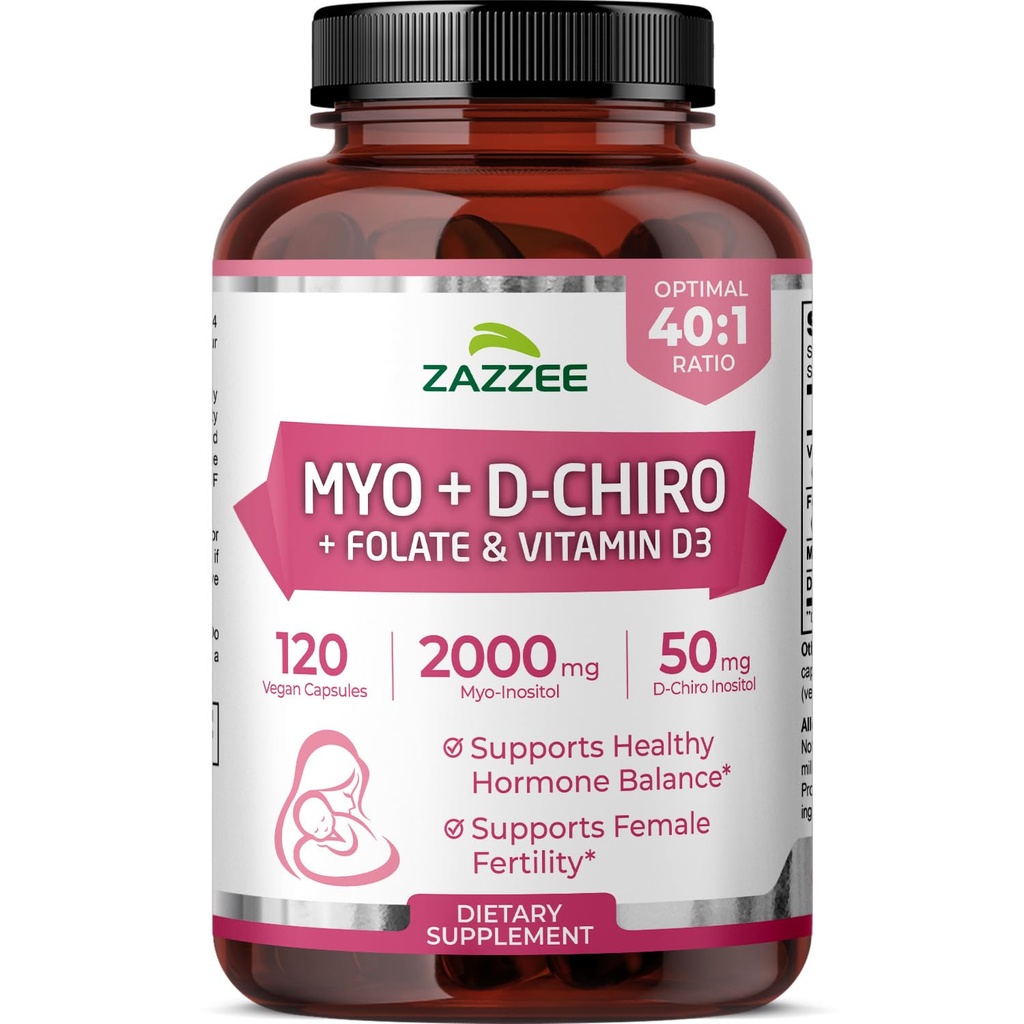 Zazzee Myo & D-Chiro Inositol Ideal 40:1 Ratio with Vitamin D3 & Folate, 120 Vegan Capsules, Hormonal Balance & Cycle Support for Women, Women’s Health Supplement, Non-GMO, Made in the USA
