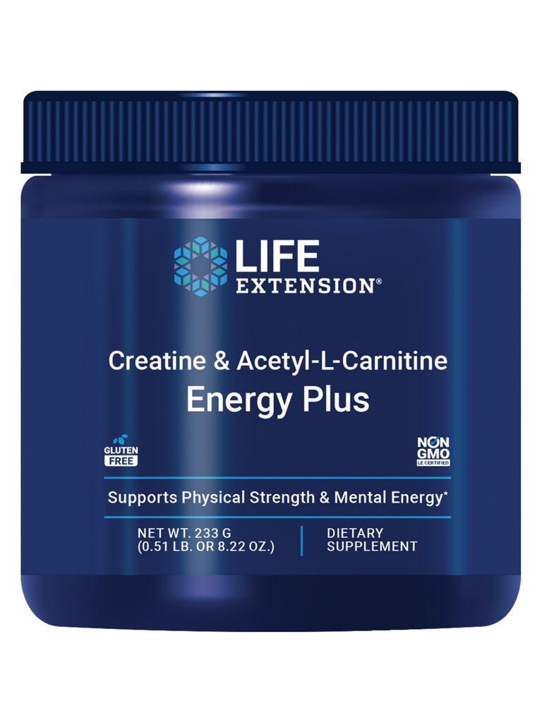 Life Extension Creatine Acetyl-L-Carnitine Energy Plus, Energy Support Supplement, creatine monohydraat, Acetyl-L-carnitine, Glutenvrije, Non-GMO, Vegetarisch, 30 porties