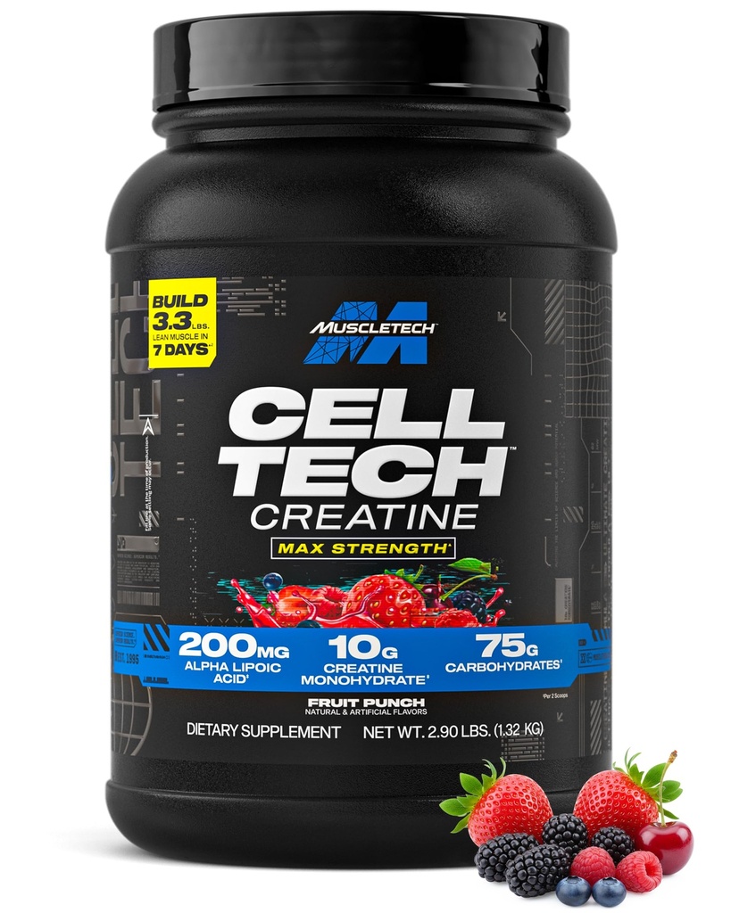 MuscleTech Creatine Monohydraat Poeder Cell-Tech Creatine Post Workout Herstel Drink Spier Builder voor mannen & vrouwen Muscle Building Supplementen Fruit Punch, 3 lbs (27 Serv)