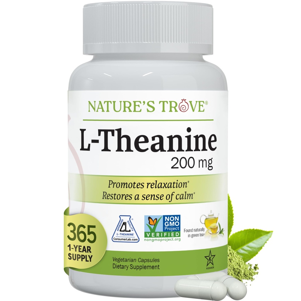Nature's Trove L-Theanine 200mg Super Taille de Valeur - 365 Capsules végétariennes