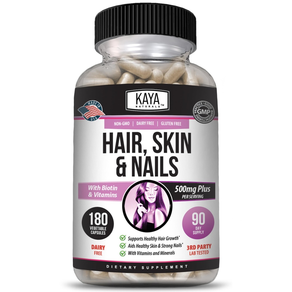 Kaya Naturals Hair Skin Nail Capsules BIOTIN Vitamine D Vitamine B-12 A Foliumzuur Ondersteuning, Hair Support Vitamine Supplement - 180 Tellen