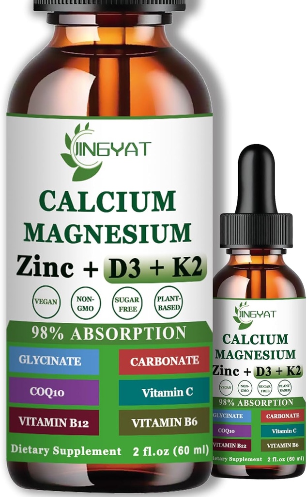 Calcium Magnesium Zink Liquid Drops, vloeibaar Magnesium Glycinate 500mg Calcium 1000mg met vitamine D3,K2,B6,B12,Coq10 voor botsterkte, spierfunctie,6X Sterker dan Gummies Capsules